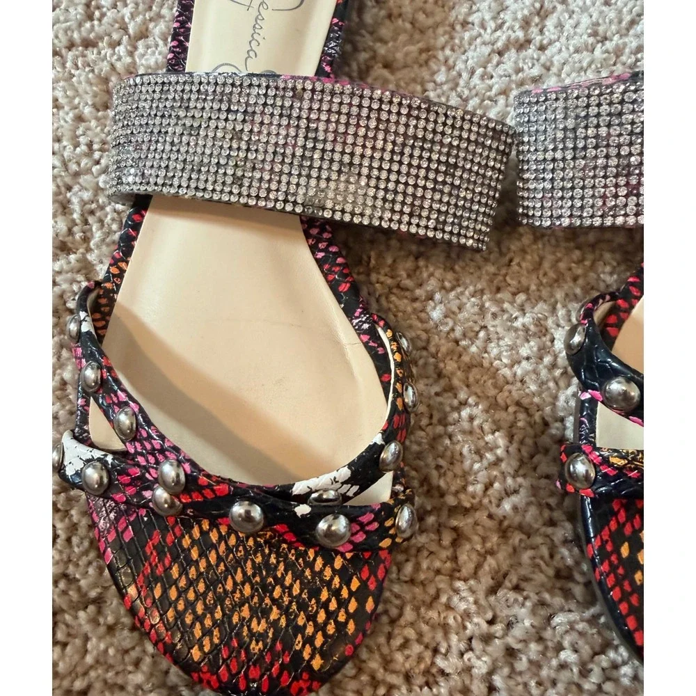 Jessica Simpson Womens Rhinestone Studded Snakeskin Print Flat Slide Sandals 6M